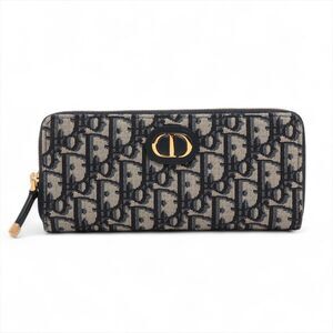 Dior Oblique Montaigne Canvas Leather Round Zip Wallet Navy Blue